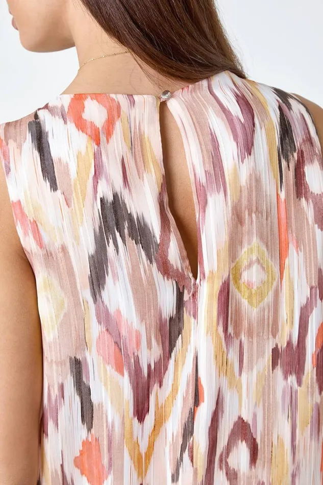 Tan Aztec Print Shimmer Vest Top Women Roman Tops