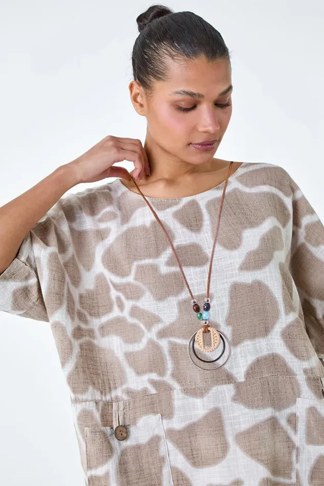 Taupe Animal Print Cotton Top And Necklace Women Roman Tops