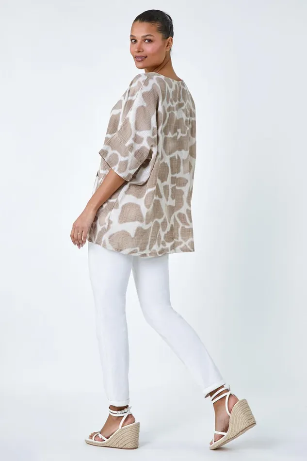 Taupe Animal Print Cotton Top And Necklace Women Roman Tops