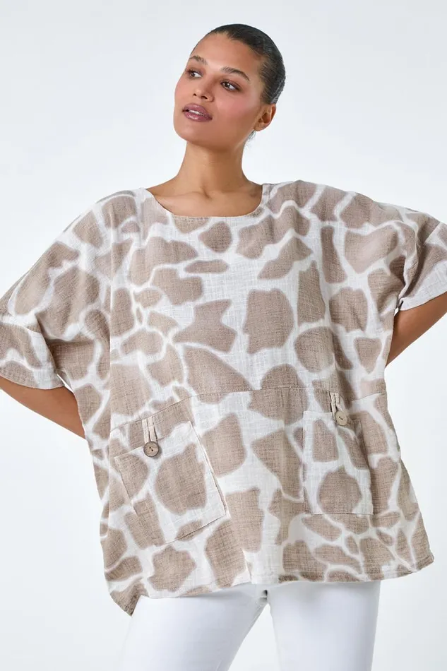 Taupe Animal Print Cotton Top And Necklace Women Roman Tops