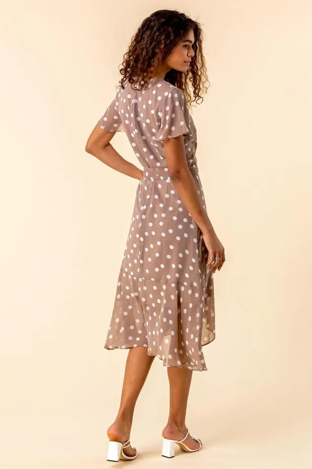 Taupe Frilled Hem Spot Print Dress Women Roman Dresses