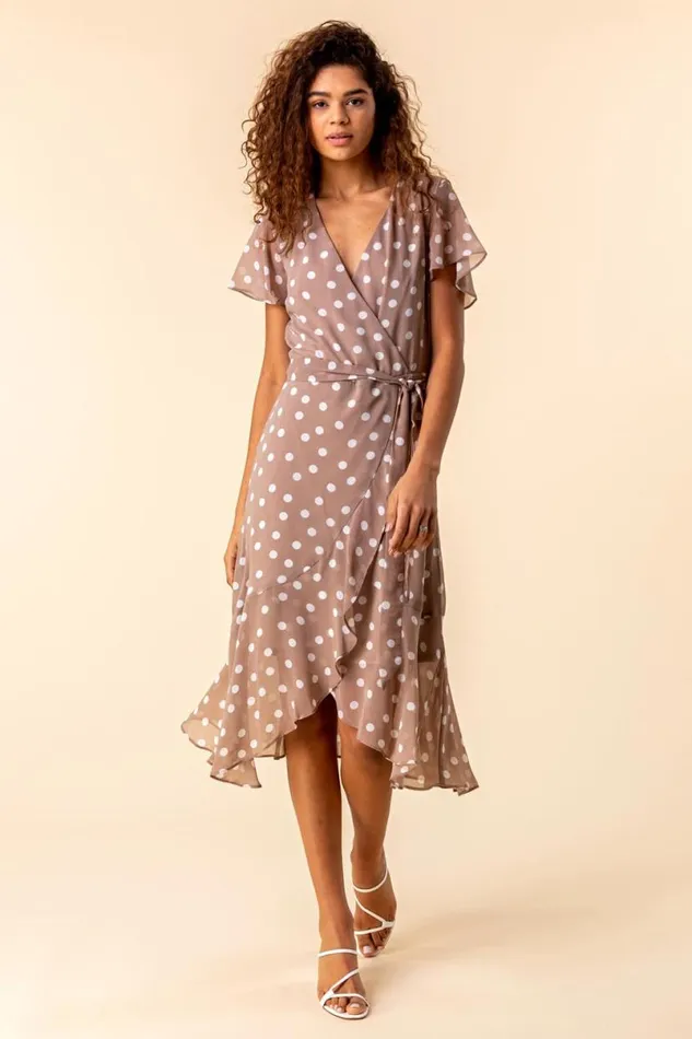 Taupe Frilled Hem Spot Print Dress Women Roman Dresses