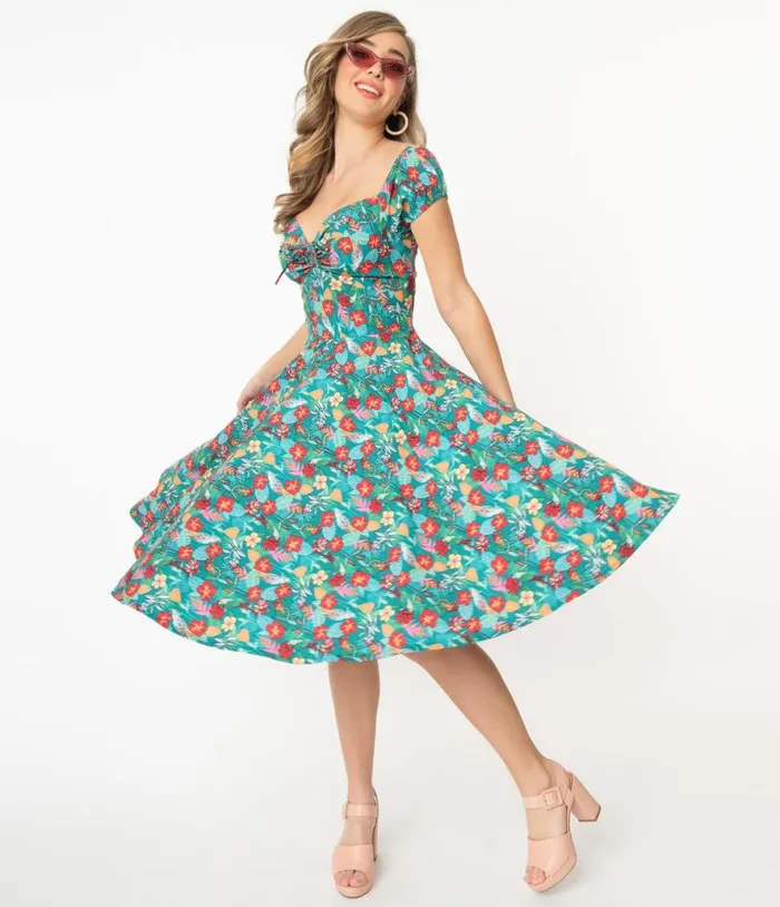 Teal and Multicolor Tropical Floral Print Preston Swing Dress Dresses Unique Vintage Pocket Dresses Teal and Multicolor Tropical Floral Print Preston Swing Dress Dresses Unique Vintage Pocket Dresses