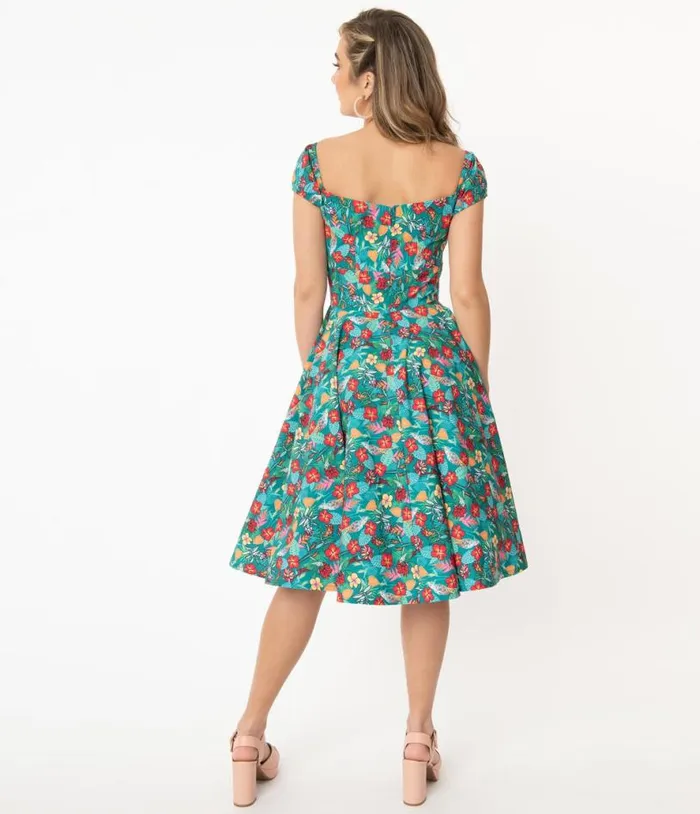 Teal and Multicolor Tropical Floral Print Preston Swing Dress Dresses Unique Vintage Pocket Dresses