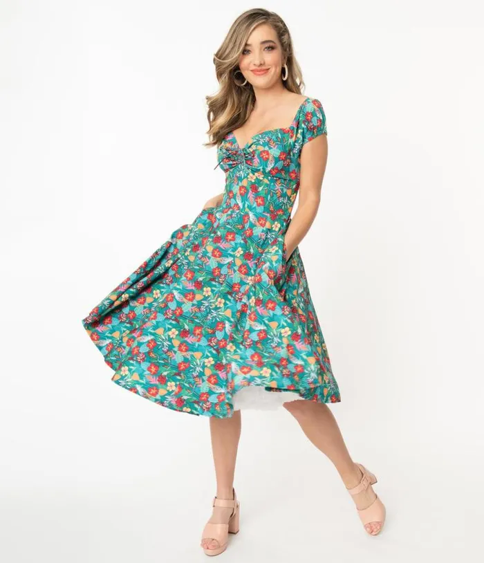 Teal and Multicolor Tropical Floral Print Preston Swing Dress Dresses Unique Vintage Pocket Dresses