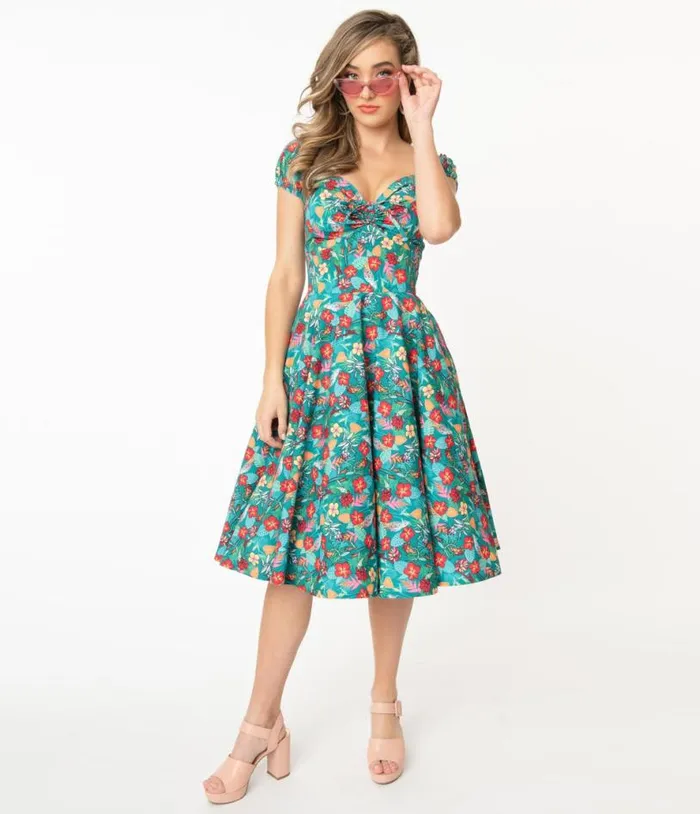 Teal and Multicolor Tropical Floral Print Preston Swing Dress Dresses Unique Vintage Pocket Dresses