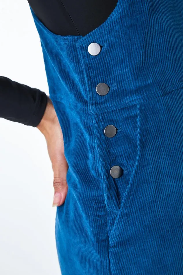 Teal Button Corduroy Pinafore Dress Women Roman Dresses