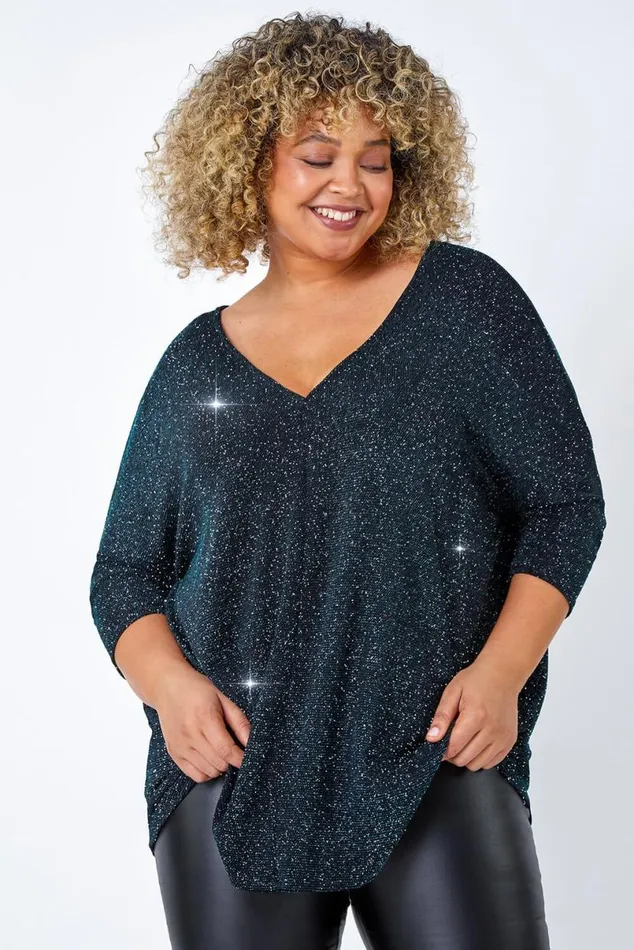 Teal Curve Back Bar Glitter VNeck Stretch Top Women Roman Tops