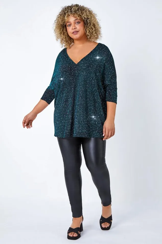 Teal Curve Back Bar Glitter VNeck Stretch Top Women Roman Tops