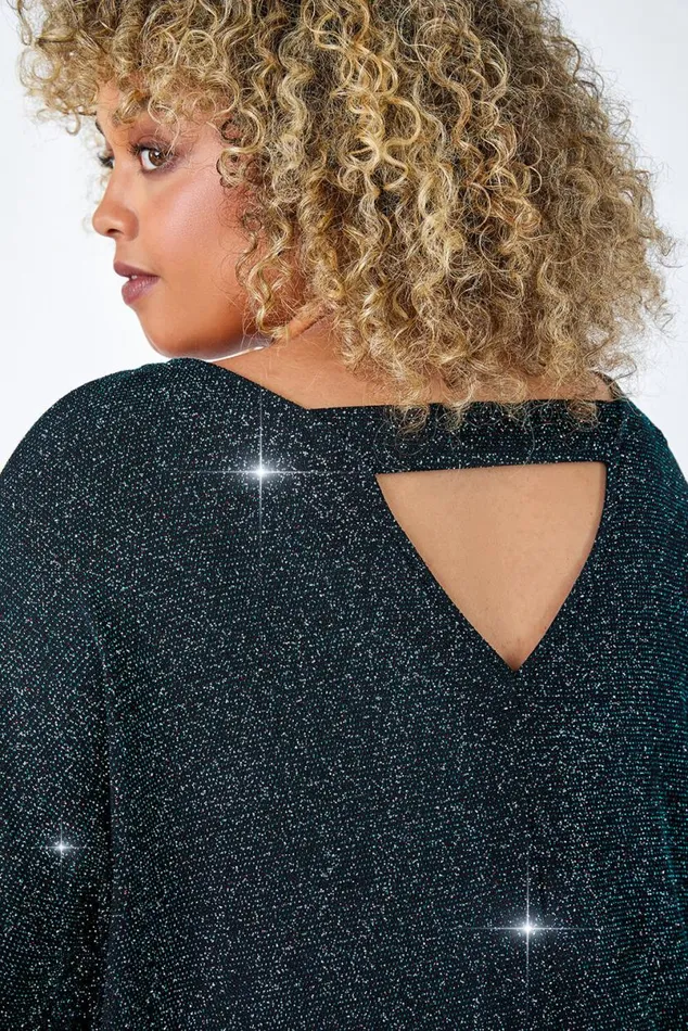 Teal Curve Back Bar Glitter VNeck Stretch Top Women Roman Tops