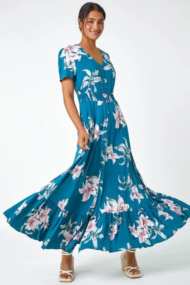 Teal Floral Print Shirred Waist Maxi Dress Women Roman Dresses