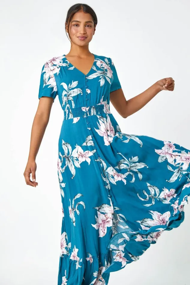 Teal Floral Print Shirred Waist Maxi Dress Women Roman Dresses