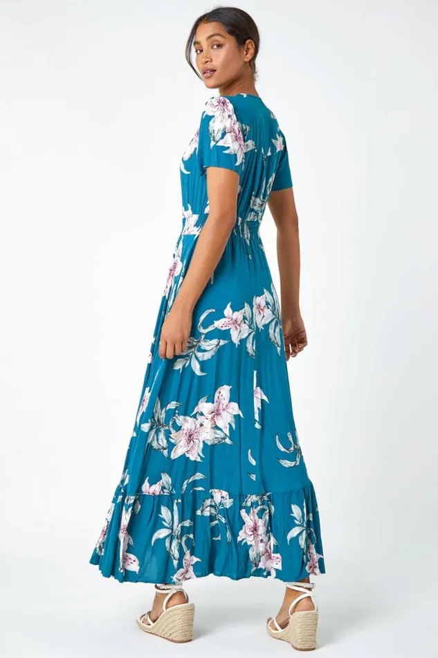 Teal Floral Print Shirred Waist Maxi Dress Women Roman Dresses
