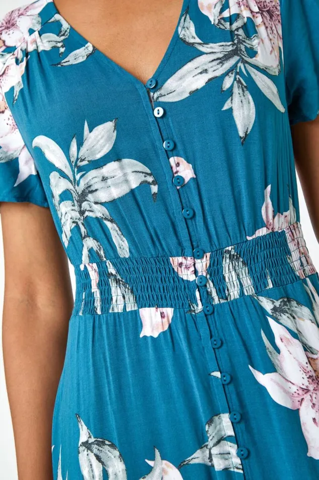 Teal Floral Print Shirred Waist Maxi Dress Women Roman Dresses