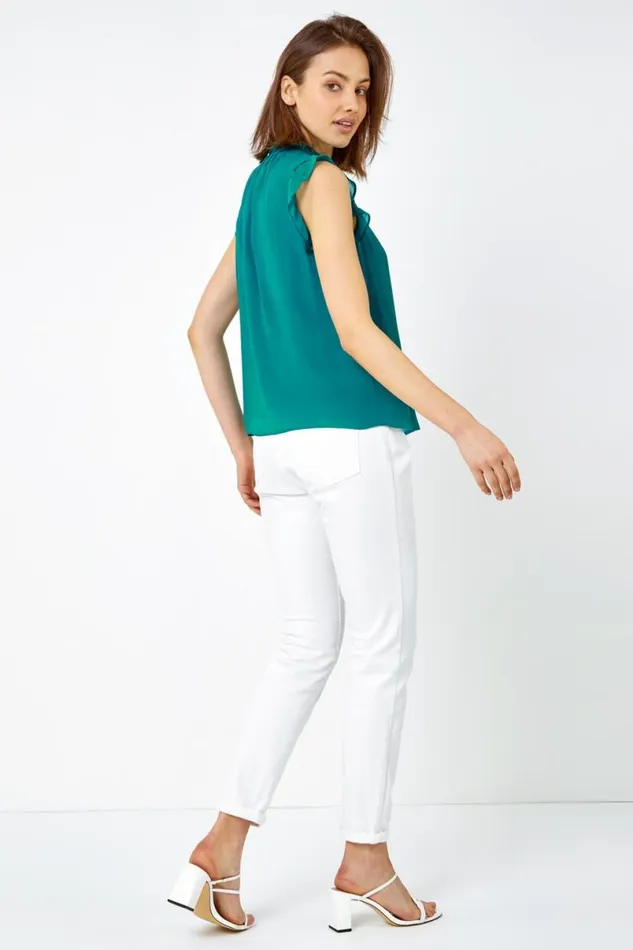 Teal Sleeveless High Neck Frill Top Women Roman Tops