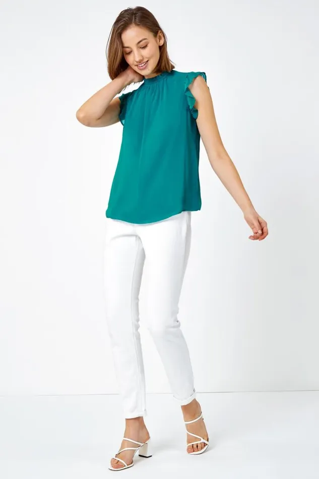 Teal Sleeveless High Neck Frill Top Women Roman Tops