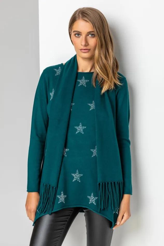 Teal Star Print Knitted Tunic Top With Tassel Scarf Women Roman Tops