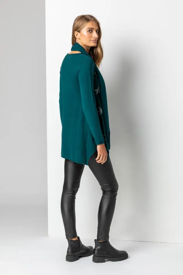 Teal Star Print Knitted Tunic Top With Tassel Scarf Women Roman Tops