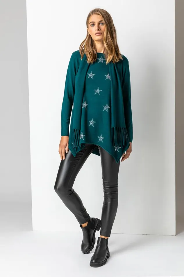 Teal Star Print Knitted Tunic Top With Tassel Scarf Women Roman Tops