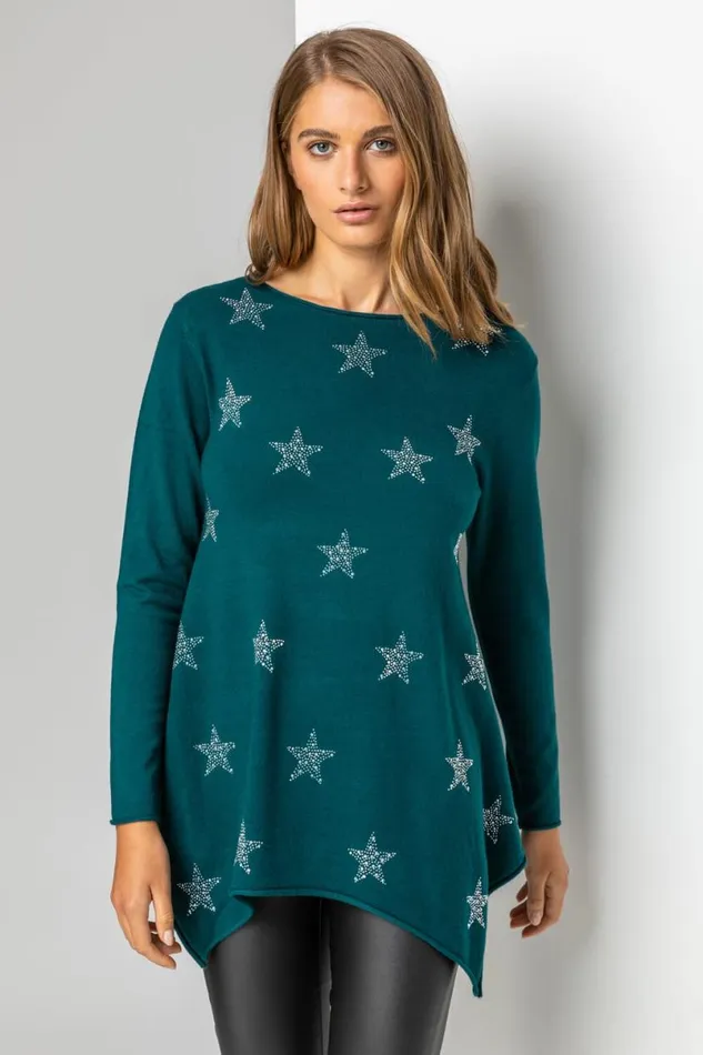 Teal Star Print Knitted Tunic Top With Tassel Scarf Women Roman Tops