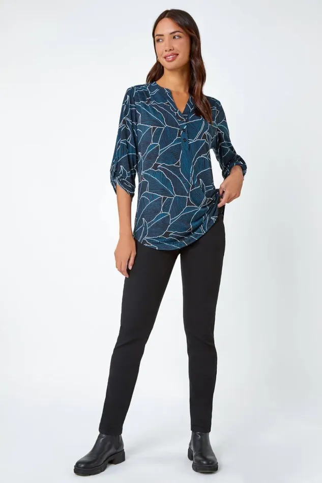 Teal Textured Leaf Print Stretch Shirt Women Roman Tops