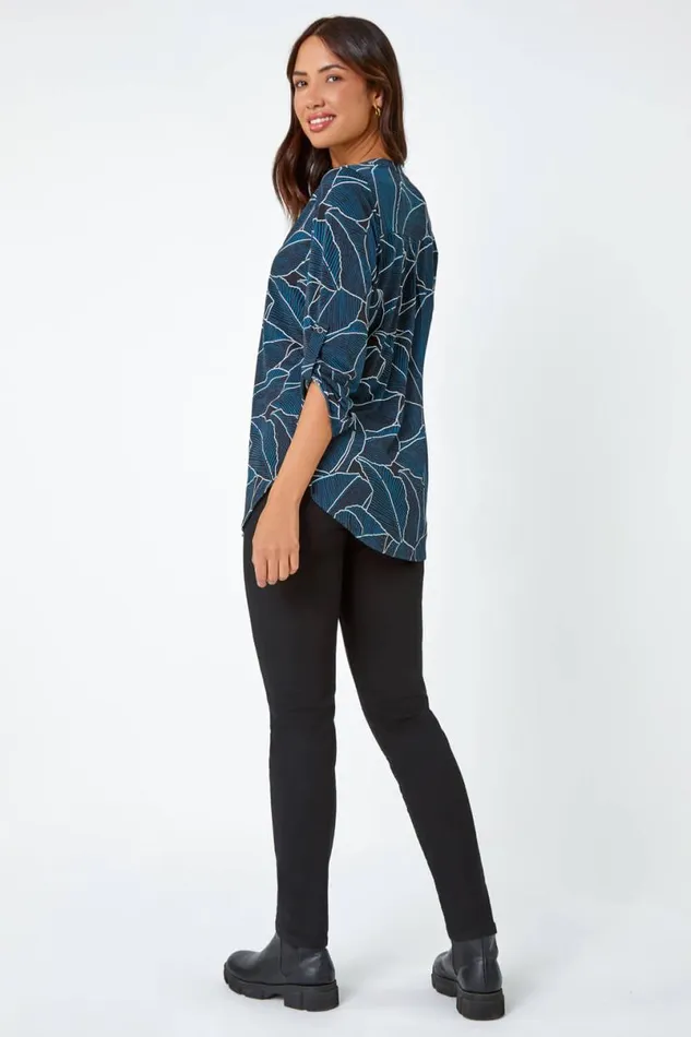 Teal Textured Leaf Print Stretch Shirt Women Roman Tops