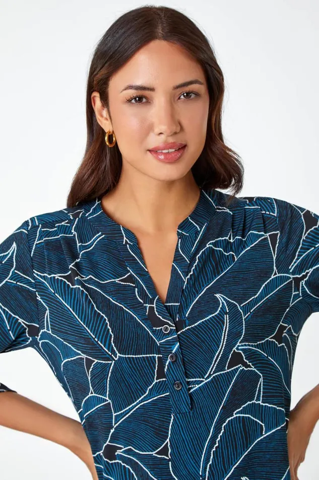 Teal Textured Leaf Print Stretch Shirt Women Roman Tops