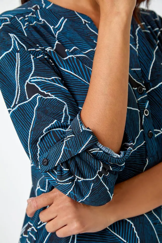 Teal Textured Leaf Print Stretch Shirt Women Roman Tops