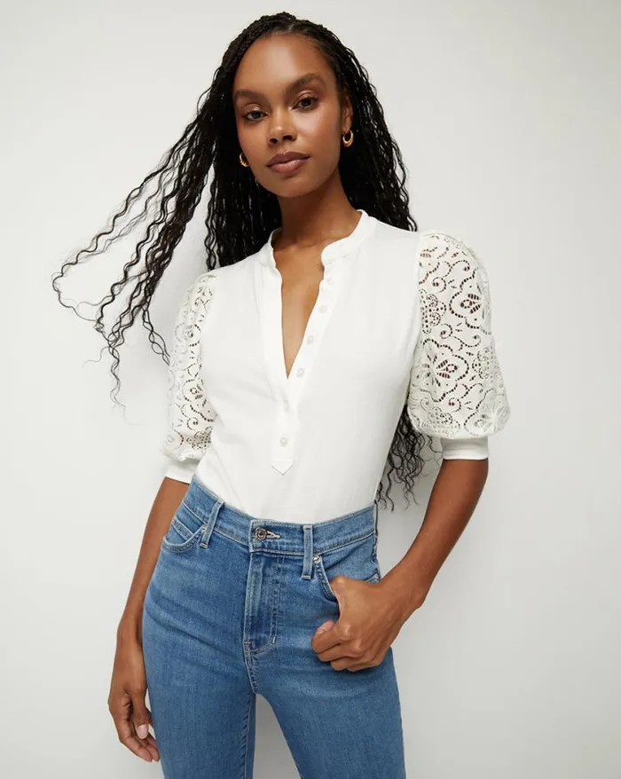 Tops and Tees Shop Veronica Beard Coralee Lace PuffSleeve Tee Marine