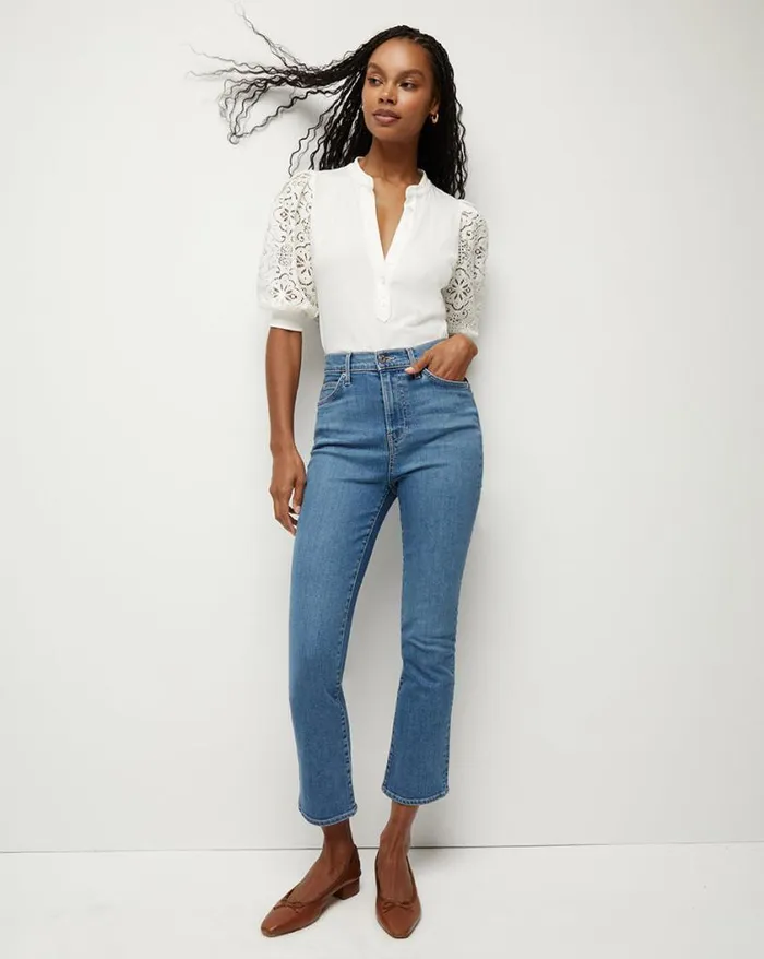 Tops and Tees Shop Veronica Beard Coralee Lace PuffSleeve Tee Marine