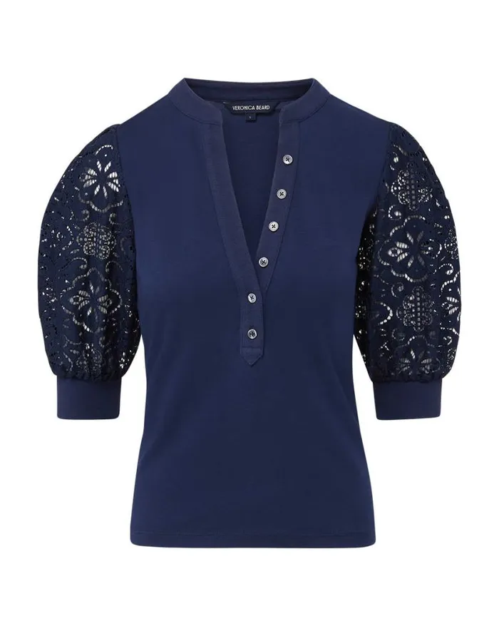 Tops and Tees Shop Veronica Beard Coralee Lace PuffSleeve Tee Marine