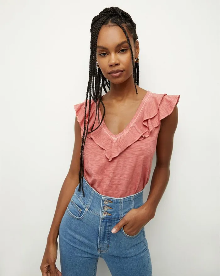 Tops and Tees Shop Veronica Beard Ellerie Ruffled Cotton Tee Faded Rose