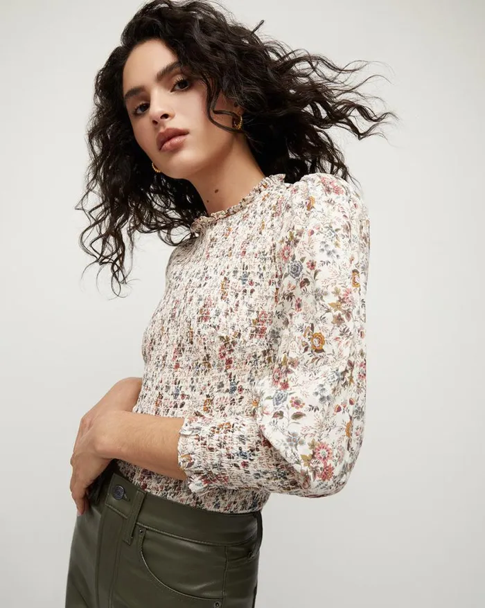 Tops and Tees Shop Veronica Beard Kali Smocked Floral Top Ecru Multi