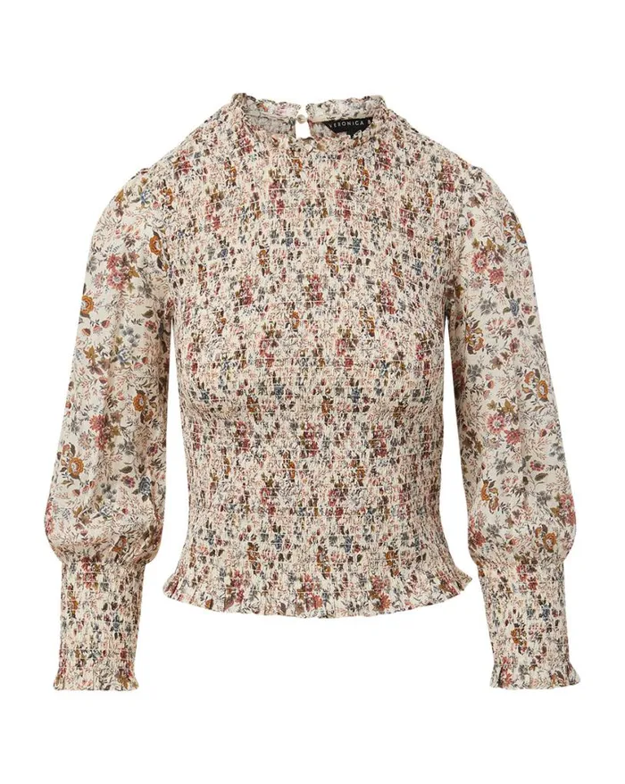 Tops and Tees Shop Veronica Beard Kali Smocked Floral Top Ecru Multi