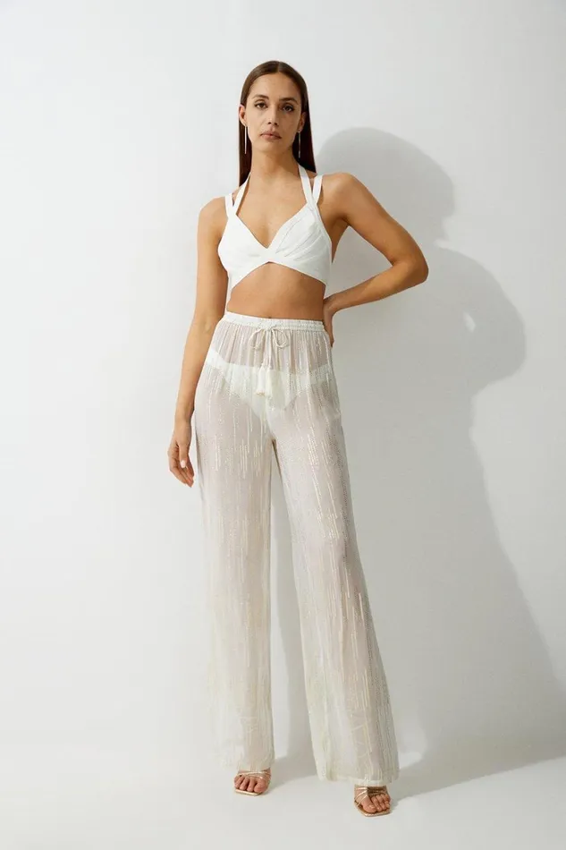Tops Women Karen Millen Beach Metallic Thread Kimono Woven Trousers Ivory