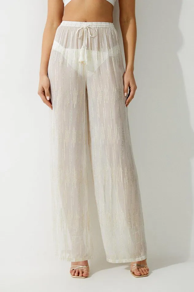 Tops Women Karen Millen Beach Metallic Thread Kimono Woven Trousers Ivory
