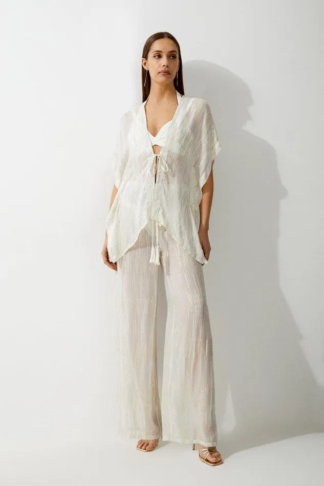 Tops Women Karen Millen Beach Metallic Thread Kimono Woven Trousers Ivory