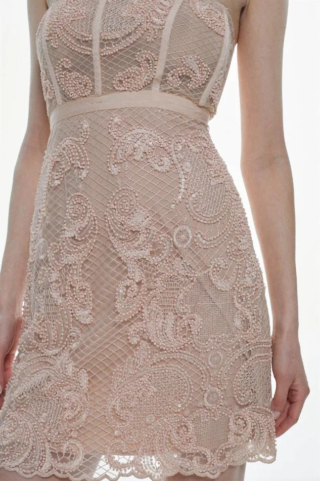 Tops Women Karen Millen Beaded Embroidered Lace Corseted Mini Dress Blush