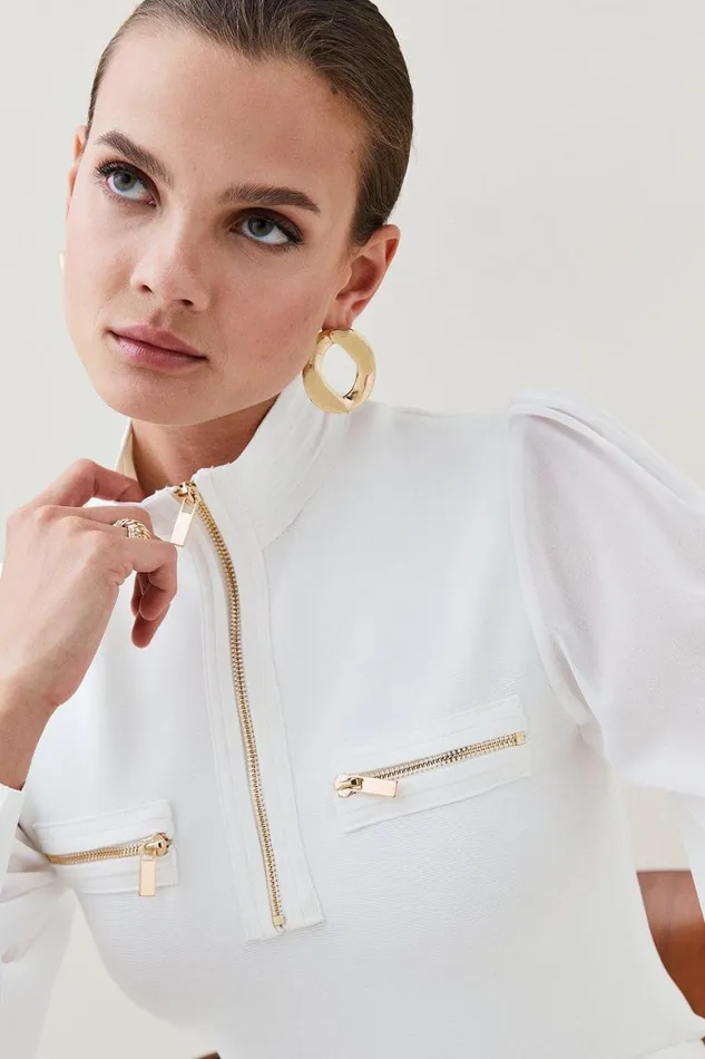 Tops Women Karen Millen Chiffon Sleeve Zip Knit Bandage Top Ivory