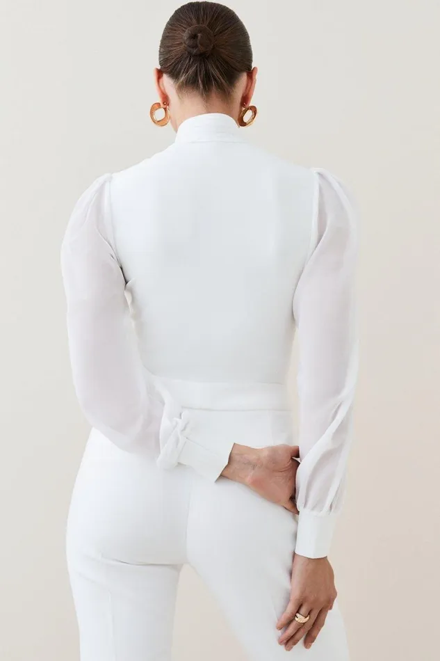 Tops Women Karen Millen Chiffon Sleeve Zip Knit Bandage Top Ivory