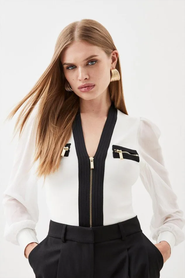 Tops Women Karen Millen Chiffon Sleeve Zip Through Bandage Knit Top Mono