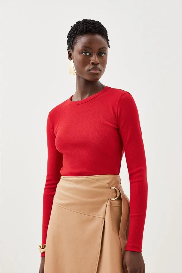 Tops Women Karen Millen Compact Jersey Long Sleeve Ribbed Top Red
