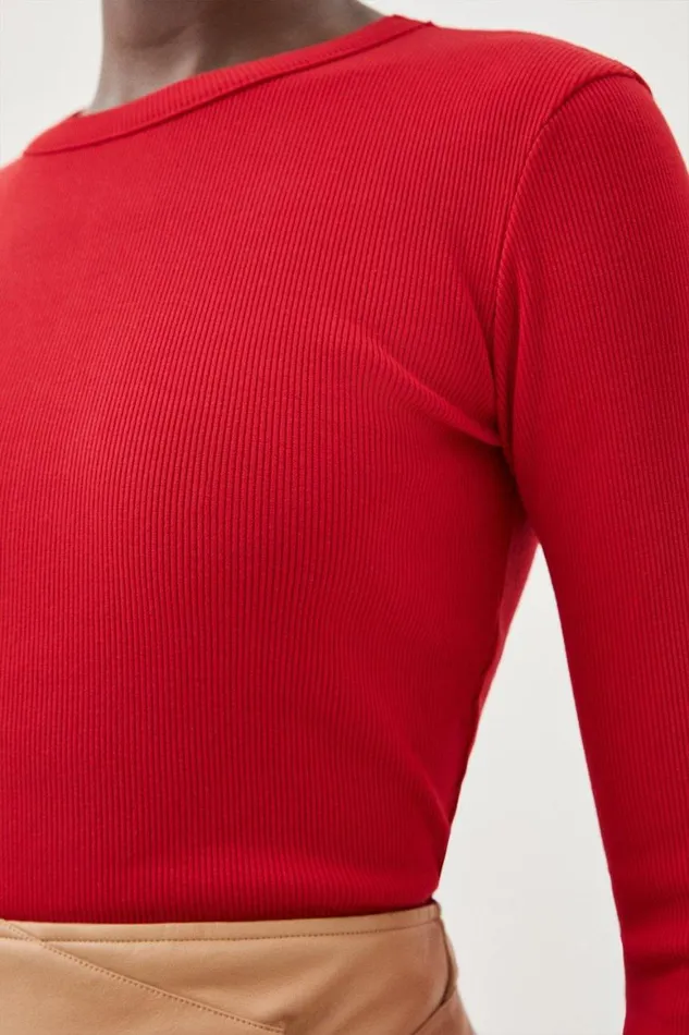 Tops Women Karen Millen Compact Jersey Long Sleeve Ribbed Top Red