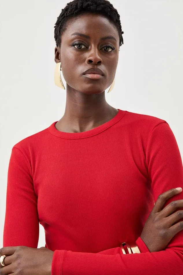 Tops Women Karen Millen Compact Jersey Long Sleeve Ribbed Top Red