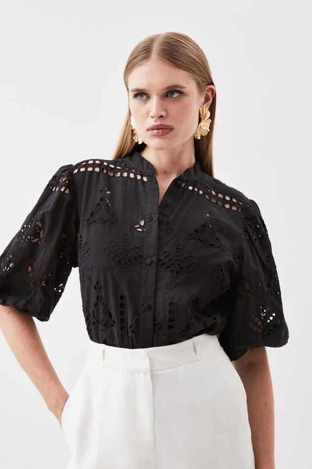 Tops Women Karen Millen Cotton Broderie Woven Top Black