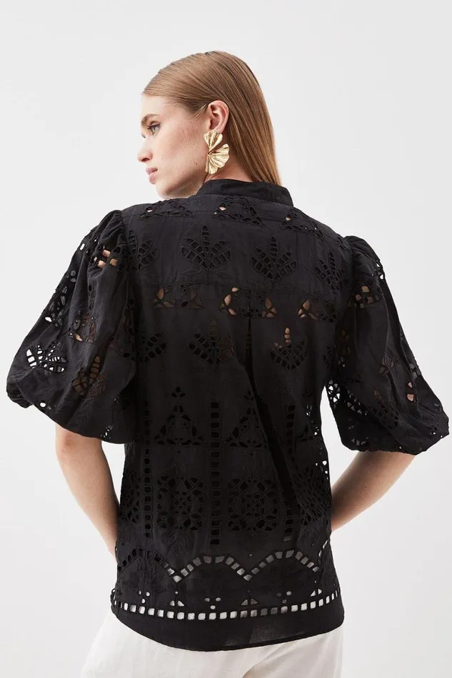 Tops Women Karen Millen Cotton Broderie Woven Top Black