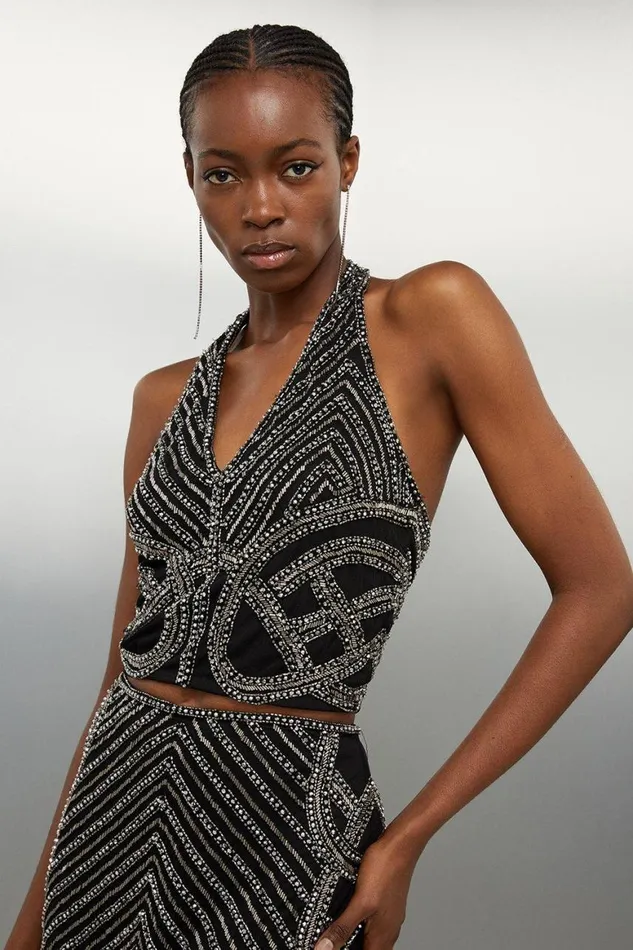 Tops Women Karen Millen Embellished Beaded Woven Top Gun Metal