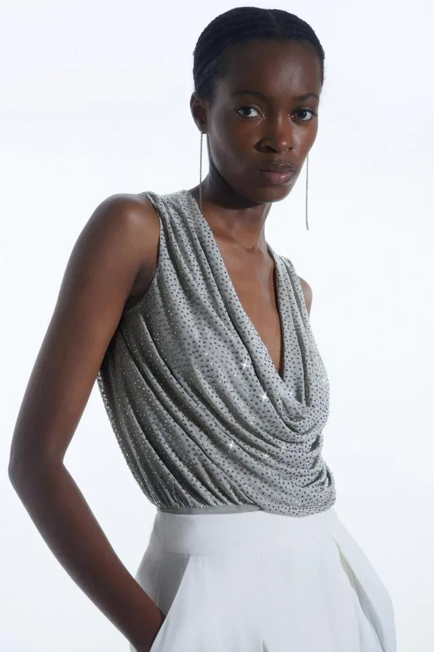 Tops Women Karen Millen Embellished Cowl Neck Jersey Bodysuit Stone