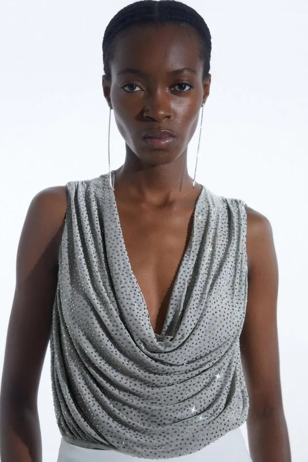 Tops Women Karen Millen Embellished Cowl Neck Jersey Bodysuit Stone