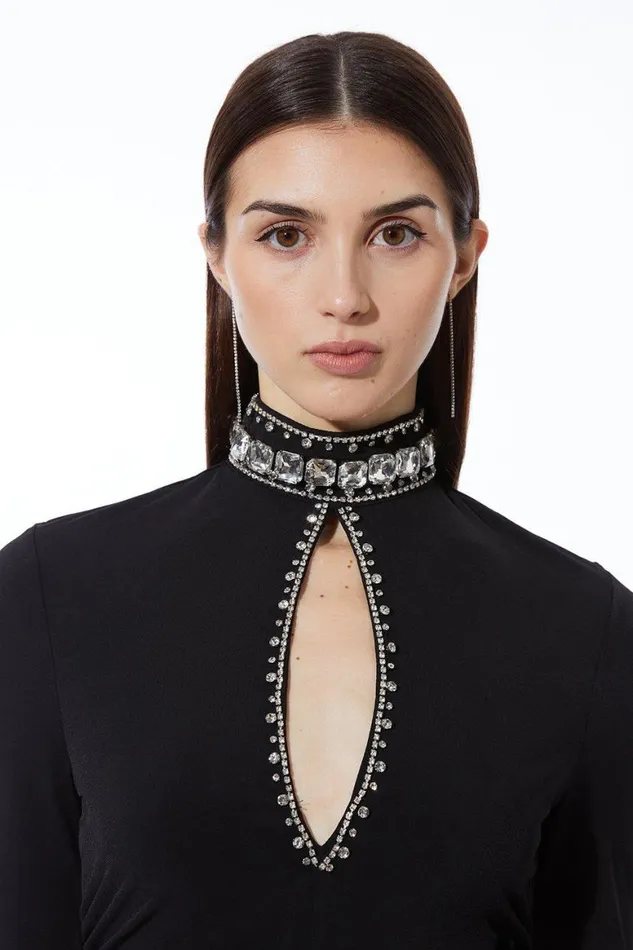 Tops Women Karen Millen Embellished Jersey Crepe Keyhole Bodysuit Black